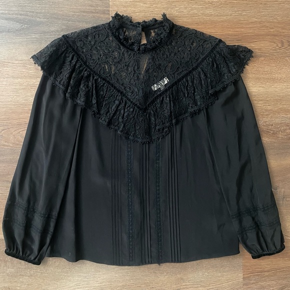 Rebecca Taylor Black Silk & Lace Top With Velvet Trim Size 2 - Picture 9 of 15